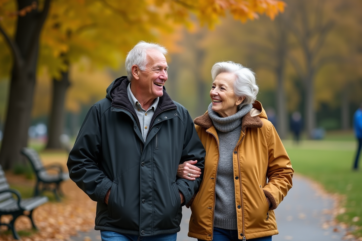 Seniors marchant dans un parc en automne avec sourires chaleureux