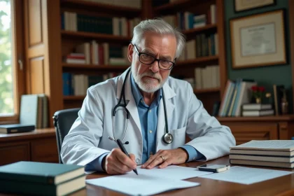 Médecin retraité écrivant une ordonnance médicale à son bureau à domicile