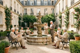 Résidents seniors dans la cour d'une résidence parisienne élégante, assis autour d'une fontaine en pierre au milieu d'un jardin soigné