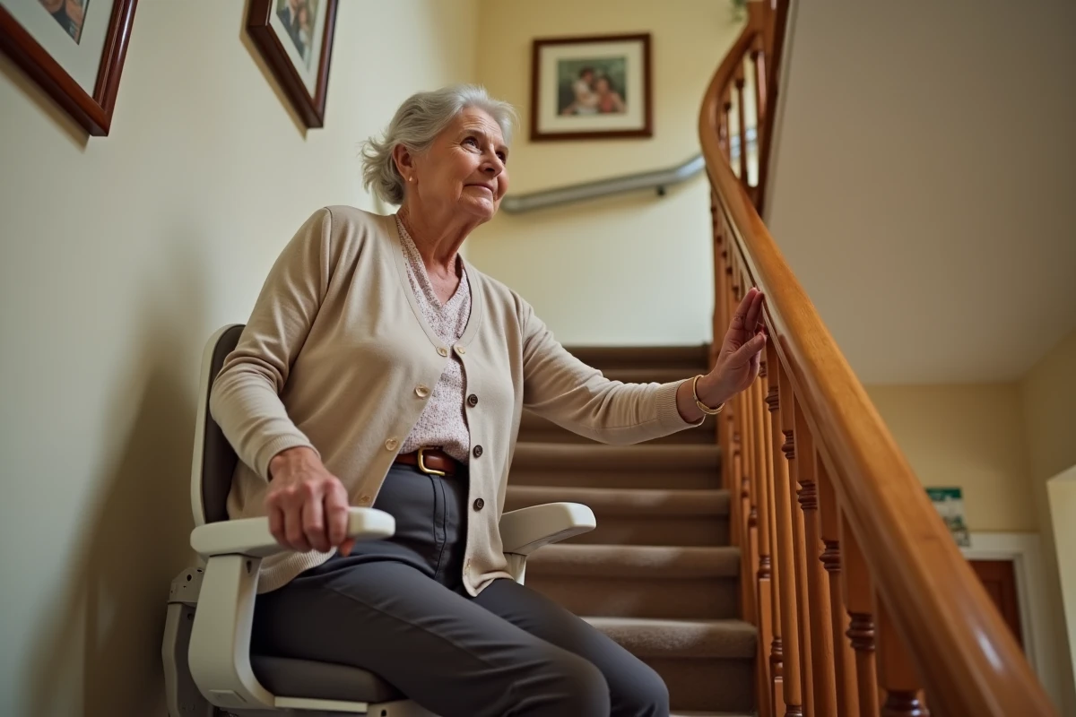 Femme âgée assise sur un monte-escalier motorisé dans une maison, main posée sur l'accoudoir, escalier en bois courbe en arrière-plan