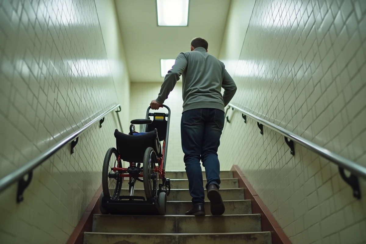 Homme aidant maniant un monte-escalier motorisé portable dans une cage d'escalier d'immeuble résidentiel