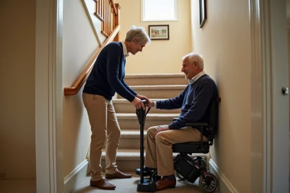 Aidante familiale utilisant un monte-escalier portable pour accompagner une personne âgée dans les escaliers d'une maison