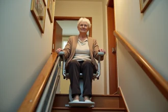Femme âgée utilisant un monte escaliers portable d'occasion dans une maison individuelle