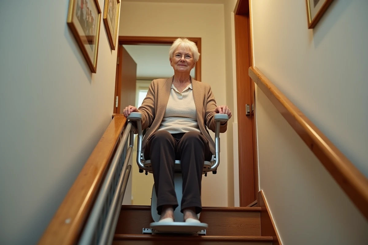 Femme âgée utilisant un monte escaliers portable d'occasion dans une maison individuelle