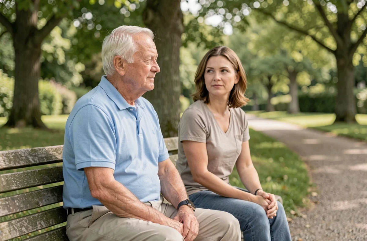 Senior atteint d'Alzheimer avec une montre connectée de sécurité accompagné d'un aidant dans un parc