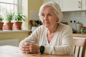 Femme âgée atteinte d'Alzheimer portant une montre GPS connectée à son poignet dans une cuisine chaleureuse