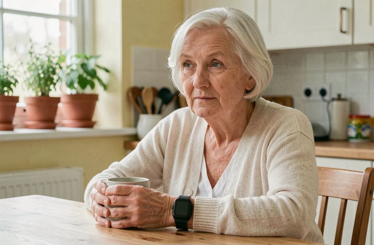 Femme âgée atteinte d'Alzheimer portant une montre GPS connectée à son poignet dans une cuisine chaleureuse