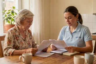 Une aide à domicile ADMR et une personne âgée discutent des tarifs horaires autour d'une table de cuisine avec des documents