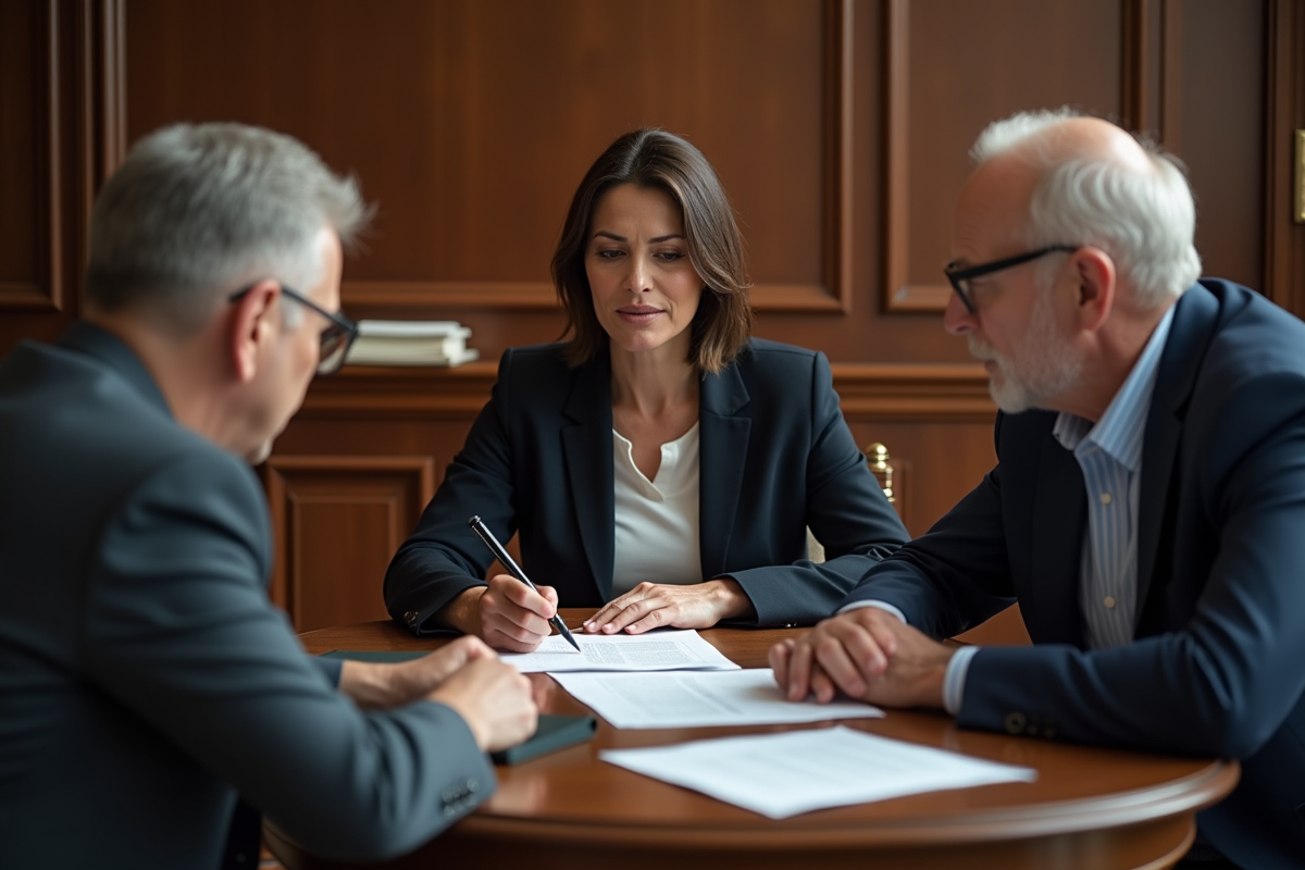 Notaire expliquant des documents à un couple dans un bureau élégant