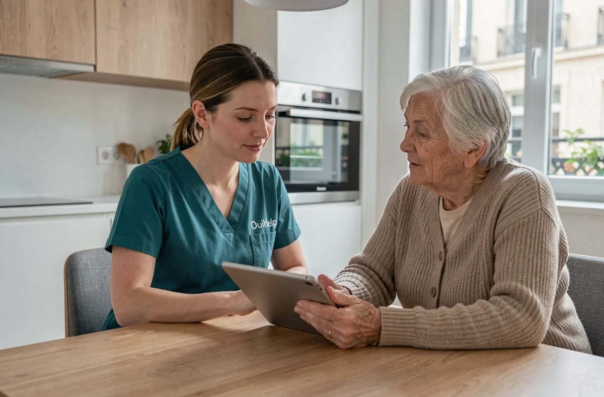 Auxiliaire Ouihelp présentant un plan de soins personnalisé à une personne âgée à domicile