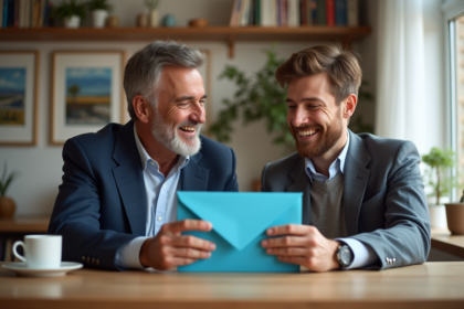 Père et fils souriants lors d'un dîner familial chaleureux