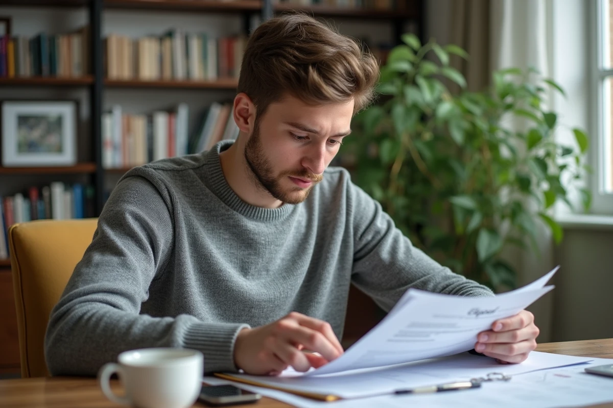 Jeune père vérifiant des documents avec son smartphone