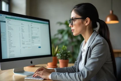 Femme professionnelle paramétrant un dossier de gestion locative sur un tableau de bord numérique dans un bureau moderne