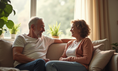 Parent et enfant discutent dans un salon lumineux