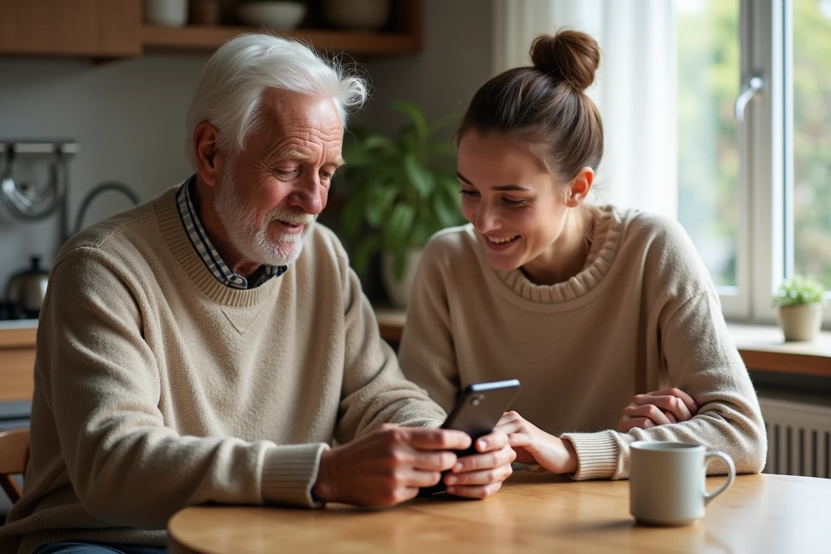 Personne âgée et aidante familiale consultant ensemble l'application Mon Proxima pour la gestion de tutelle