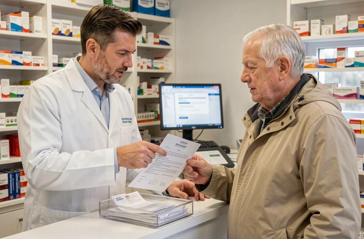 Pharmacien expliquant un refus de remboursement de matériel médical à un patient âgé