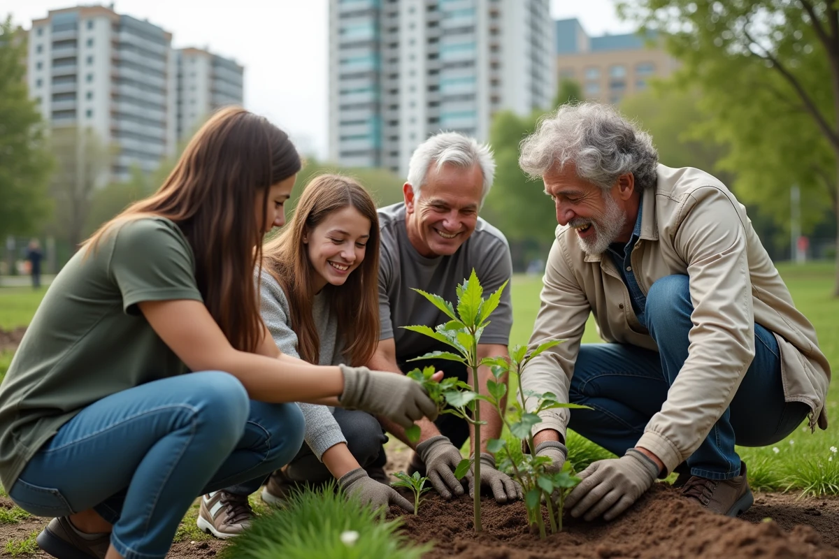 Jeunes et seniors plantant des arbres dans un jardin communautaire