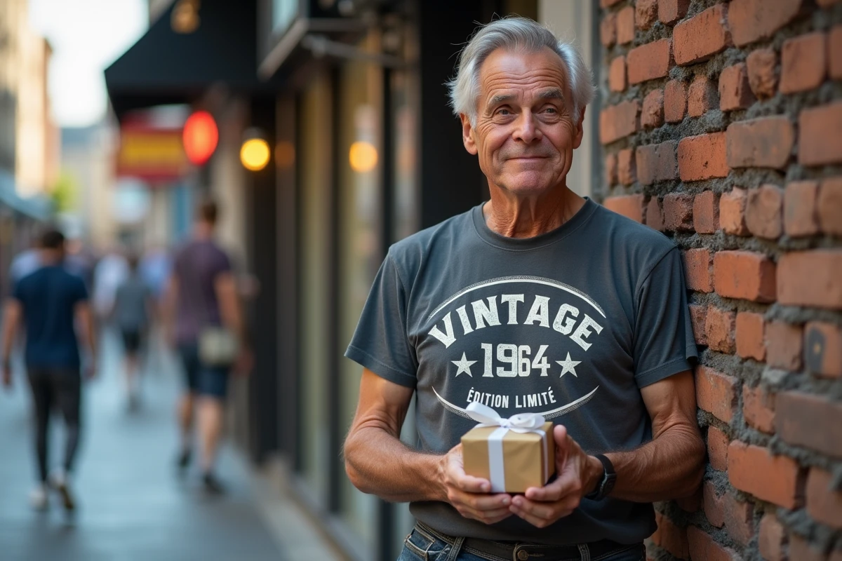 Portrait humoristique d'un homme de 60 ans en t-shirt vintage appuyé contre un mur de briques en milieu urbain