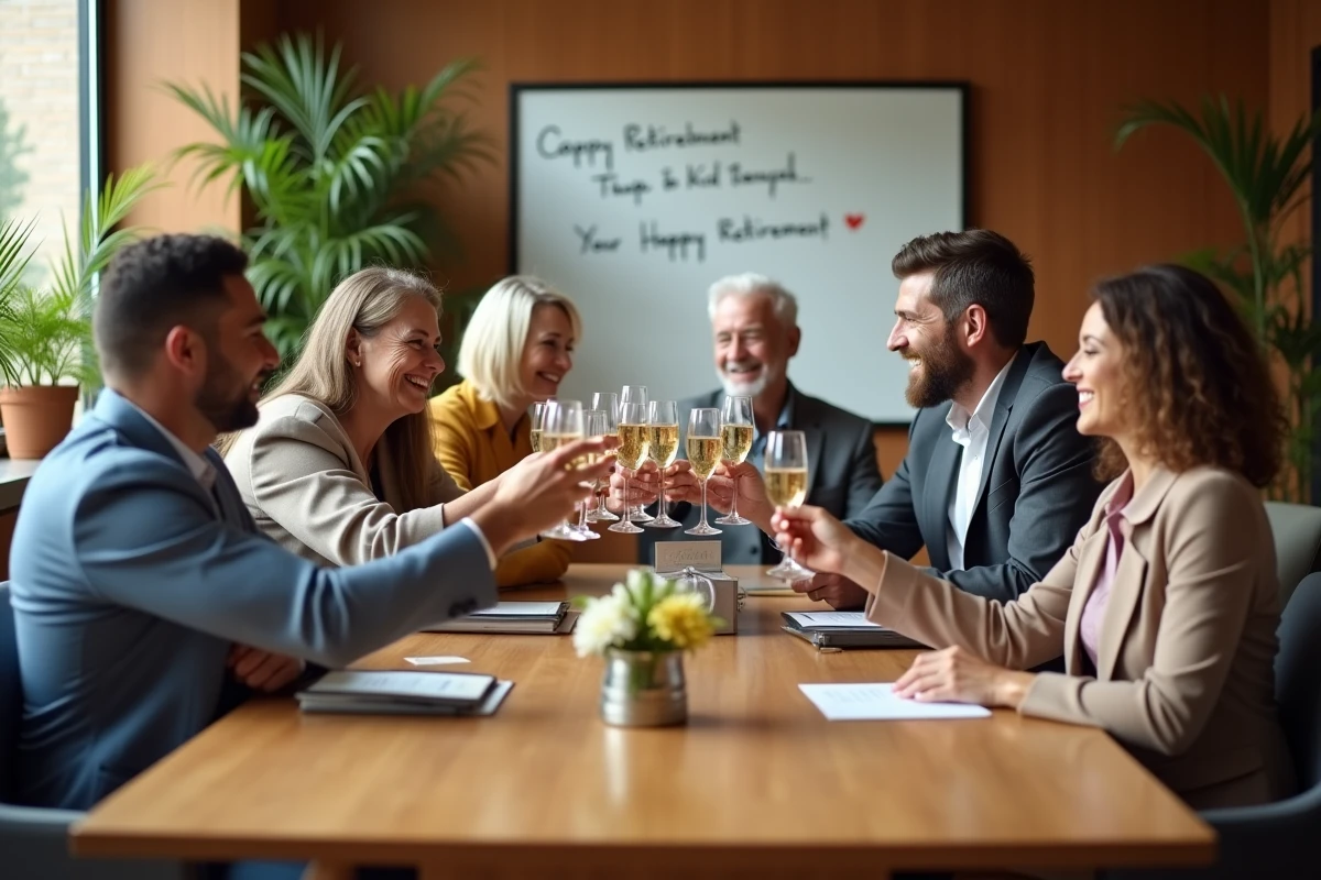Collègues portant un toast lors d'une fête de départ en retraite autour d'une table de bureau