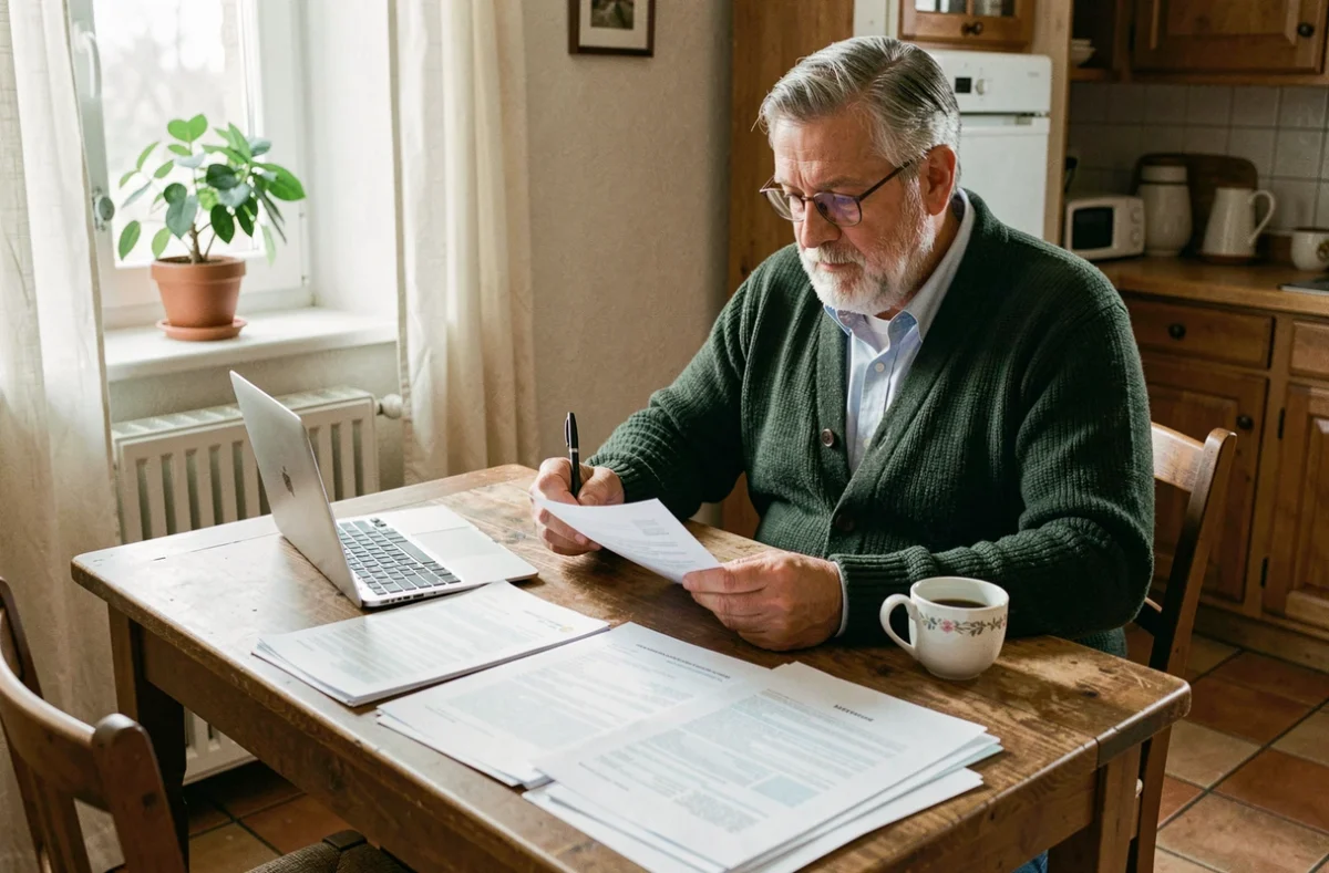Retraité de la fonction publique préparant ses documents administratifs de départ à la retraite à domicile