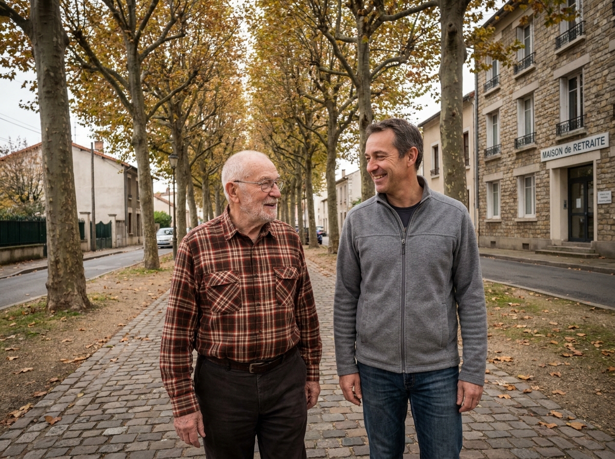 Un homme âgé se promène avec son fils dans un quartier résidentiel proche de sa maison de retraite, soulignant l'avantage de choisir un établissement géographiquement accessible