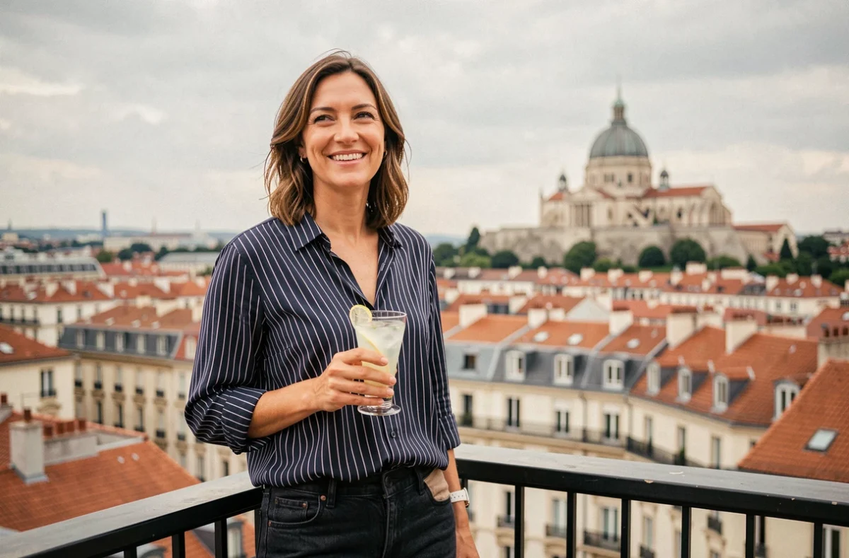 Femme solo souriante avec un verre en terrasse rooftop à Lyon lors d'une soirée Quintonic pour célibataires