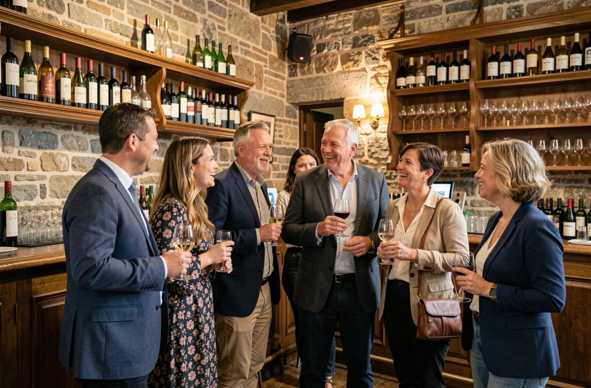 Groupe de participants à une soirée Quintonic pour solos dans un bar lyonnais convivial aux murs en pierre