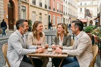 Groupe de personnes seules réunies autour d'une table en terrasse à Lyon pour une sortie conviviale Quintonic sans pression