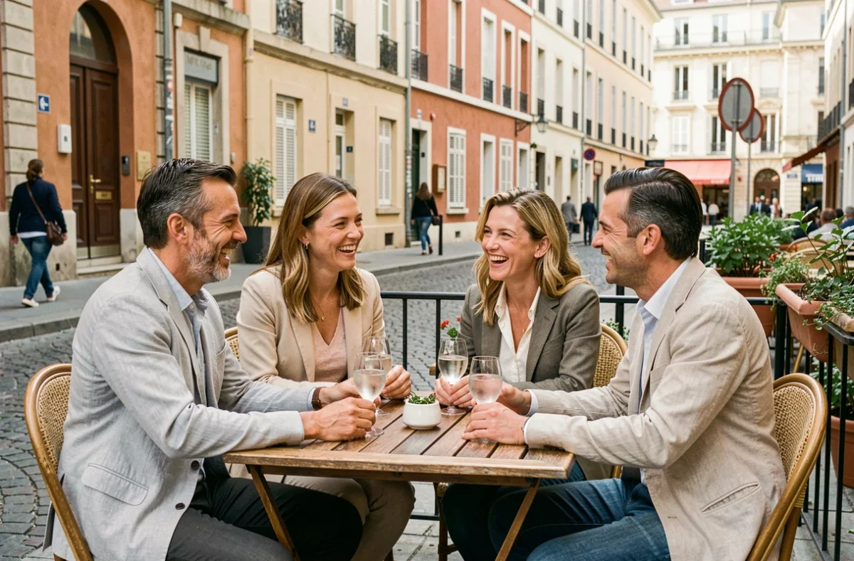 Groupe de personnes seules réunies autour d'une table en terrasse à Lyon pour une sortie conviviale Quintonic sans pression