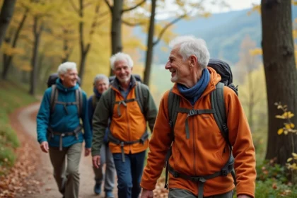 Groupe de seniors souriants en randonnée automnale