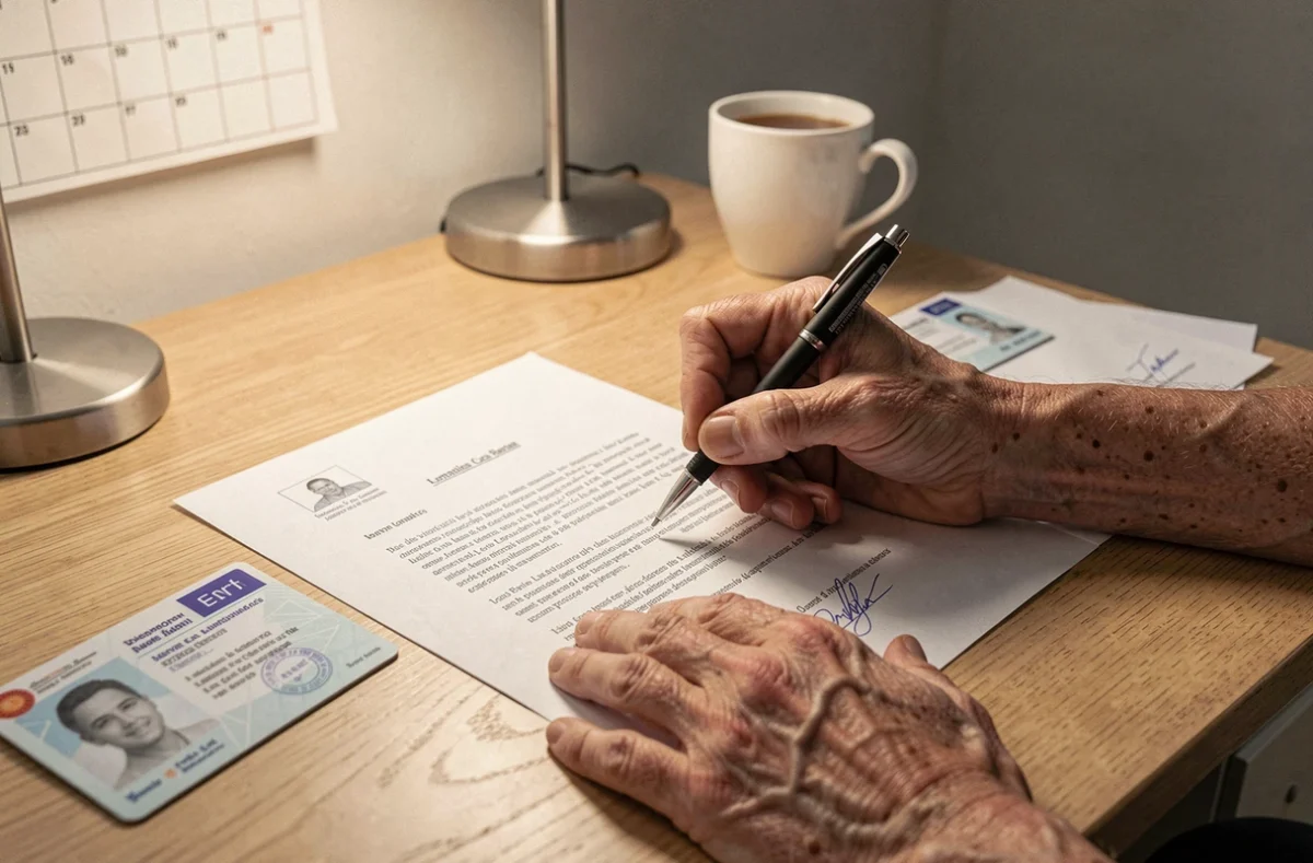 Mains d'une personne âgée rédigeant un recours administratif pour contester le refus de renouvellement du permis de conduire