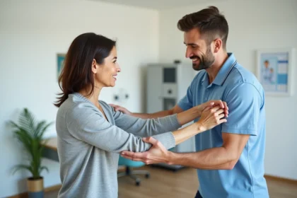 Femme en rééducation avec physiothérapeute dans une clinique