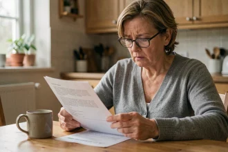 Femme âgée consultant un document de refus de remboursement médical à la maison