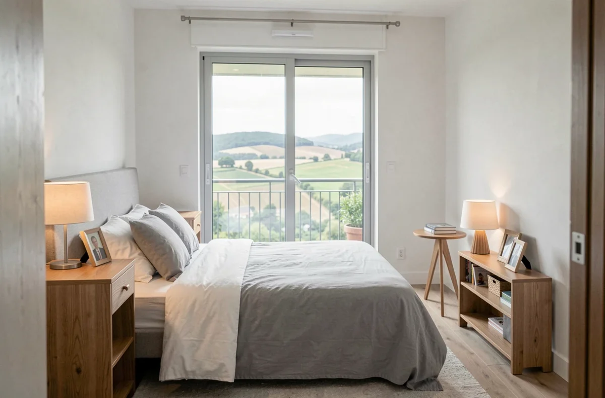 Chambre individuelle moderne avec balcon et vue sur la campagne bourguignonne à la Résidence Akésis de Dracy-le-Fort