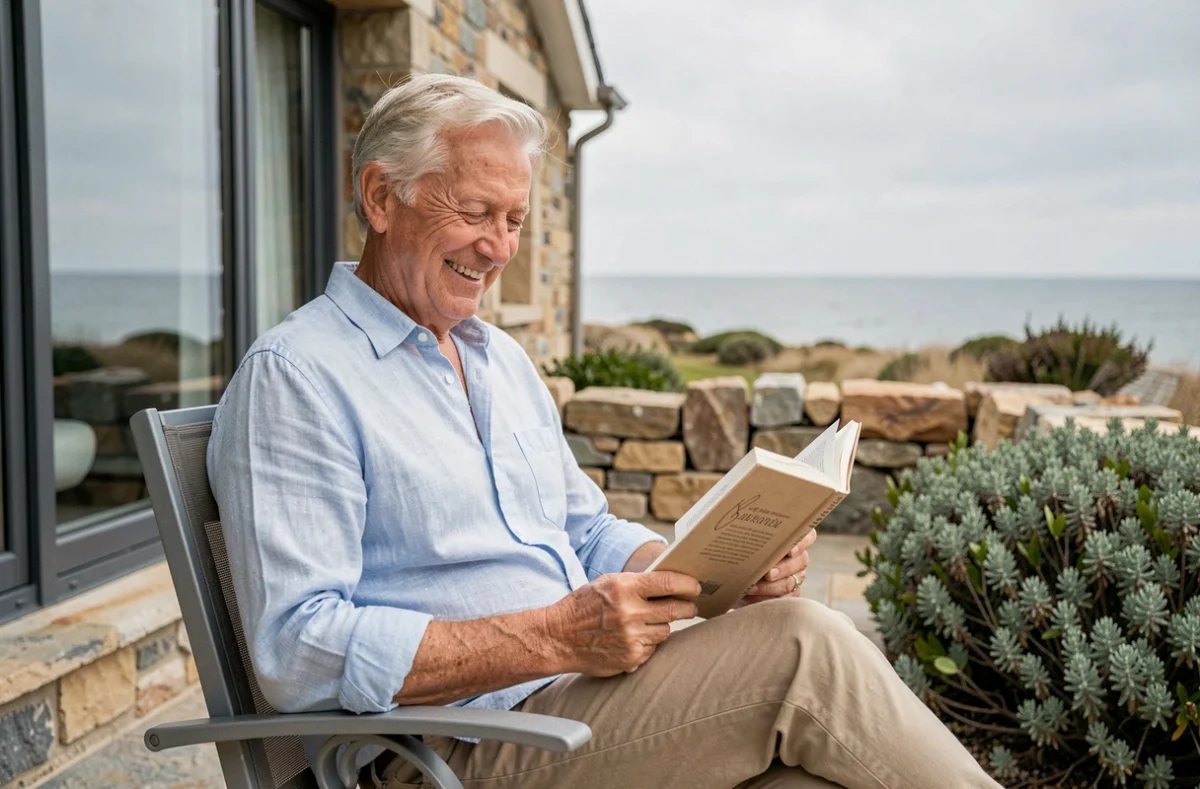 Homme âgé lisant en terrasse à la Résidence Espace et Vie de Carnac, avec vue sur le paysage côtier du Morbihan