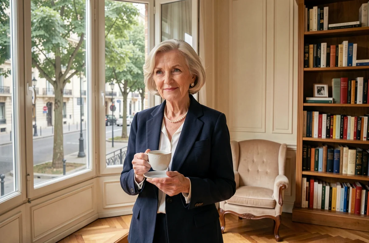 Femme senior élégante dans un appartement de la Résidence Nohée Paris Auteuil, regardant la rue depuis une grande fenêtre avec une tasse de thé