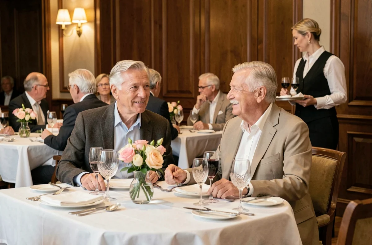 Couple de seniors dînant élégamment dans la salle à manger gastronomique de la Résidence Palazzo Paris du Groupe Aegide-Domitys