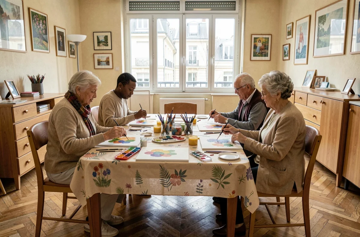 Atelier de peinture aquarelle pour seniors dans une résidence autonomie du CASVP à Paris avec un groupe de participants diversifiés