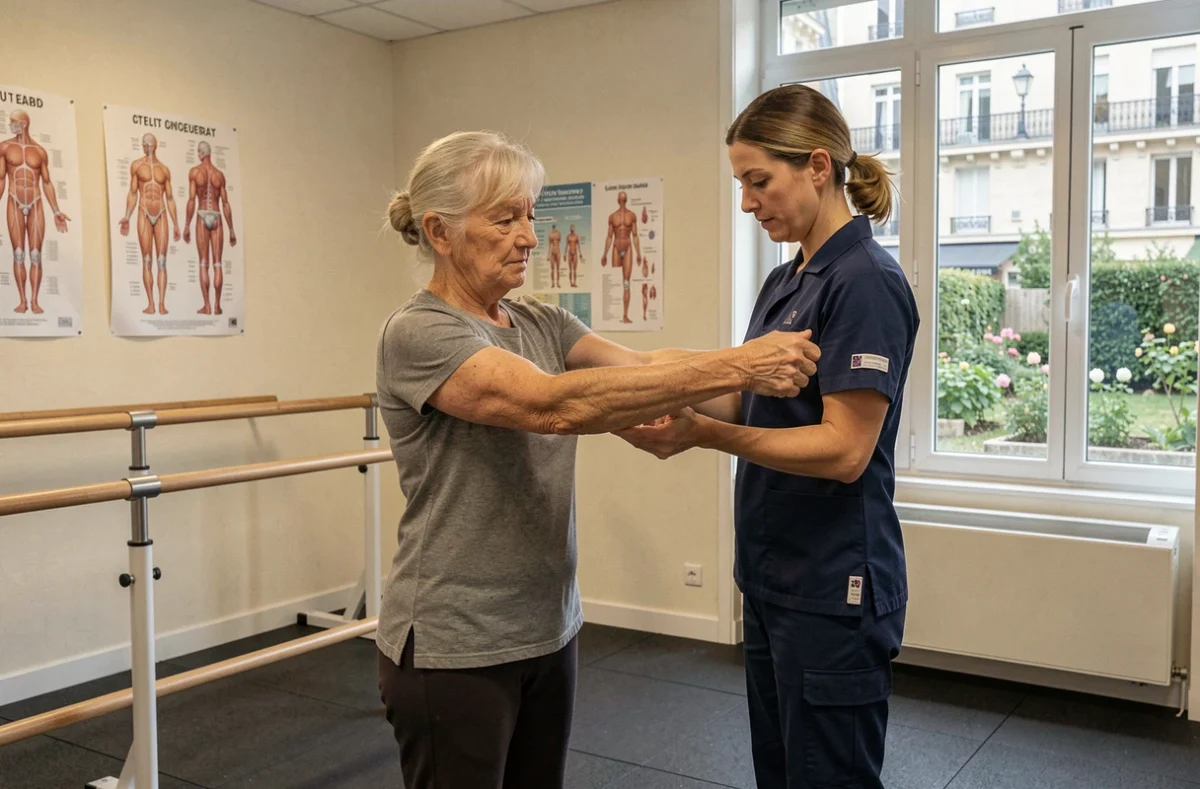 Séance de kinésithérapie entre une résidente senior et un physiothérapeute dans une résidence Korian Clariane à Paris
