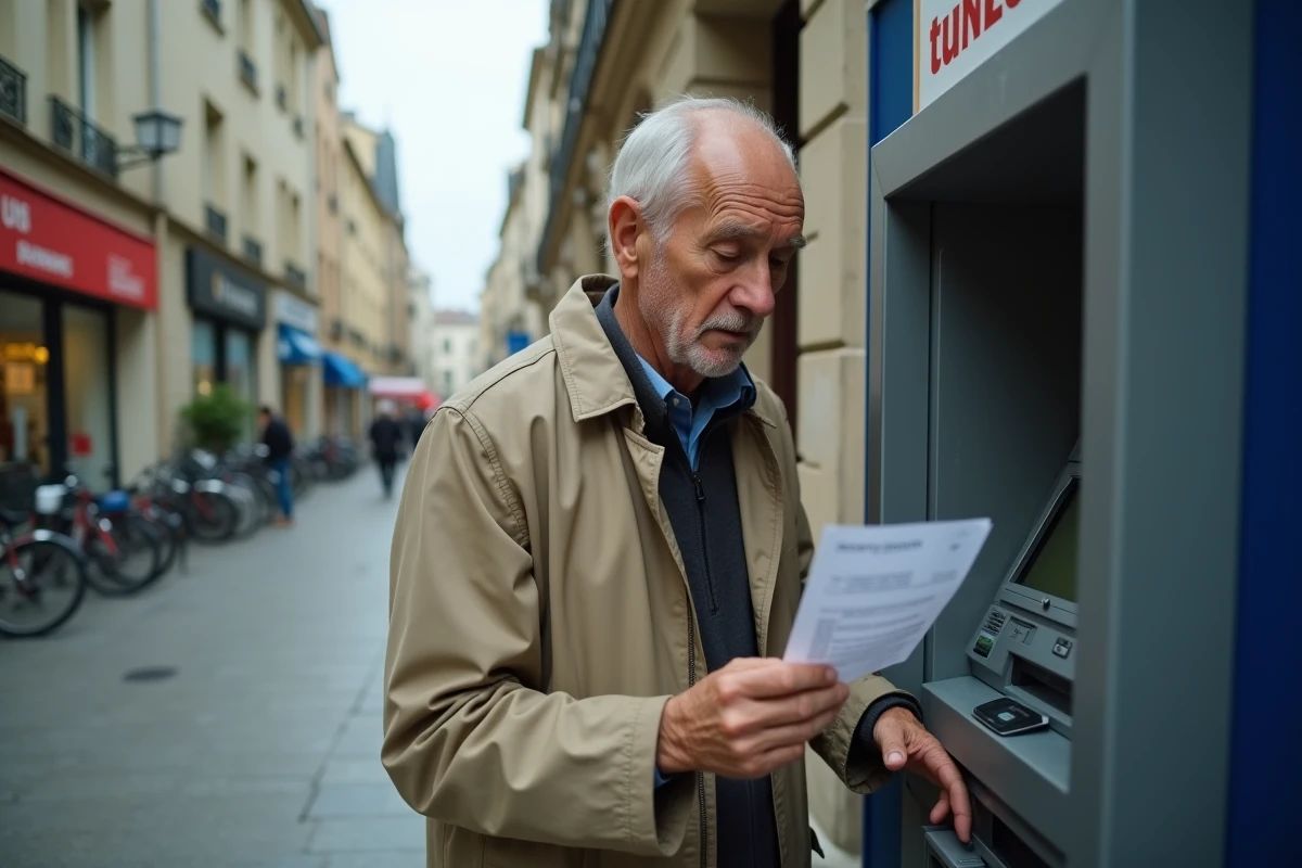 Retraité découvrant une baisse sur son relevé bancaire devant un distributeur automatique en centre-ville français en 2026