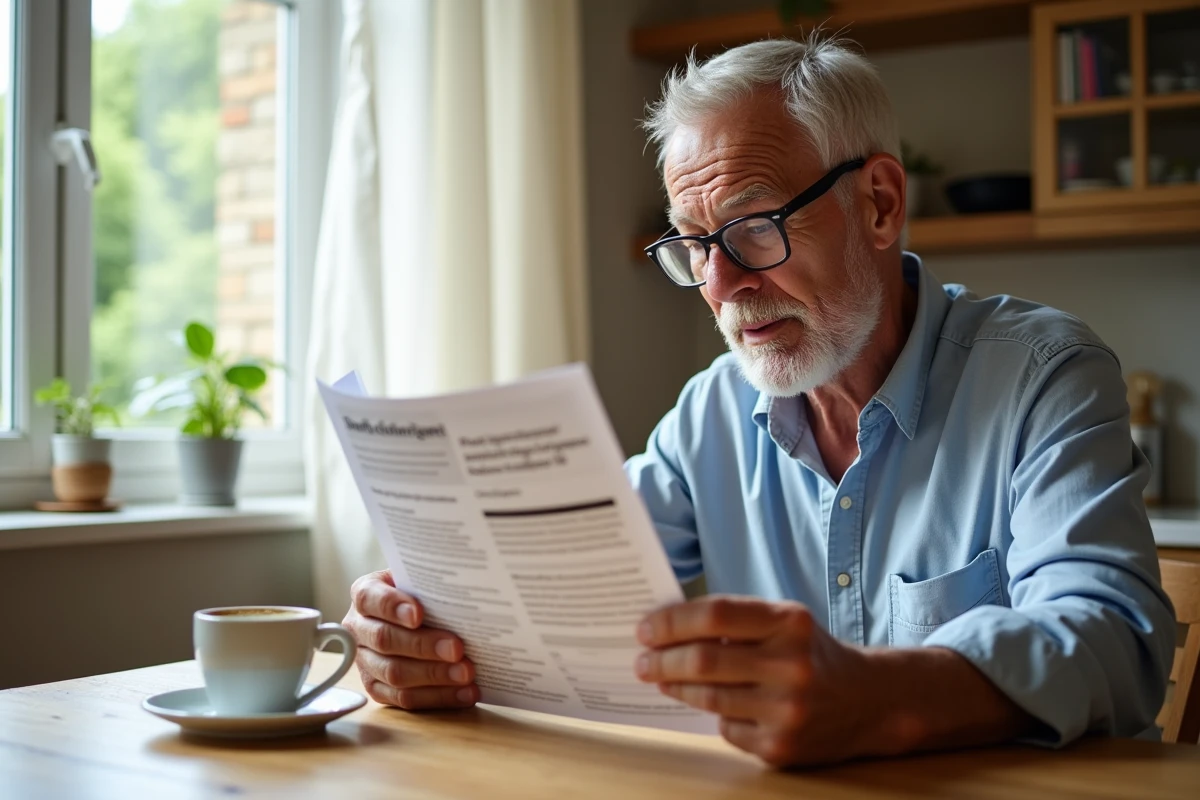 Retraité lisant les conditions d'éligibilité au chèque vacances scolinfo à son domicile