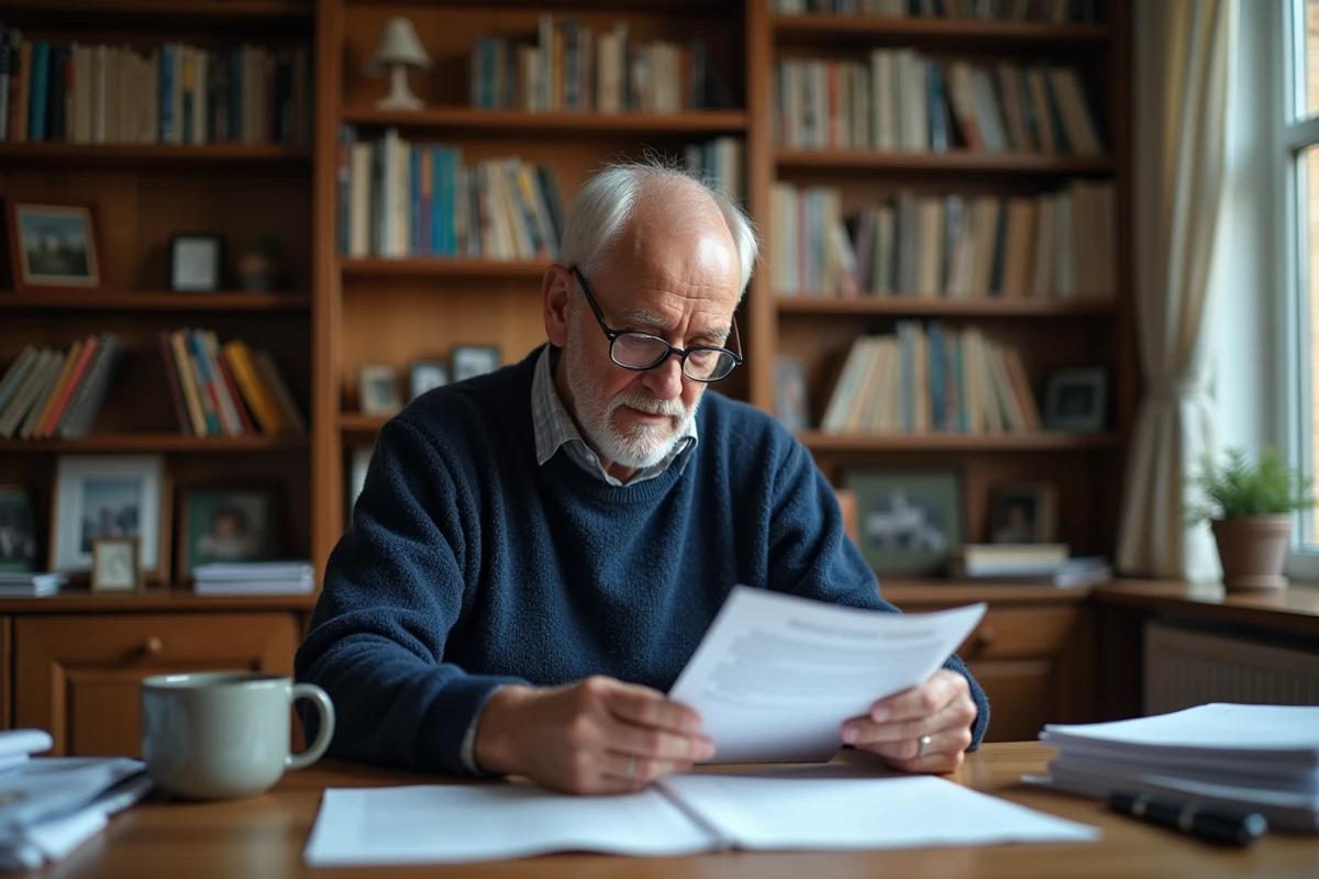 Homme retraité lisant un avis fiscal officiel dans un bureau à domicile entouré de livres