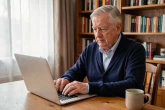 Retraité SNCF connecté à l'espace en ligne de l'Agence Famille sur son ordinateur portable à domicile