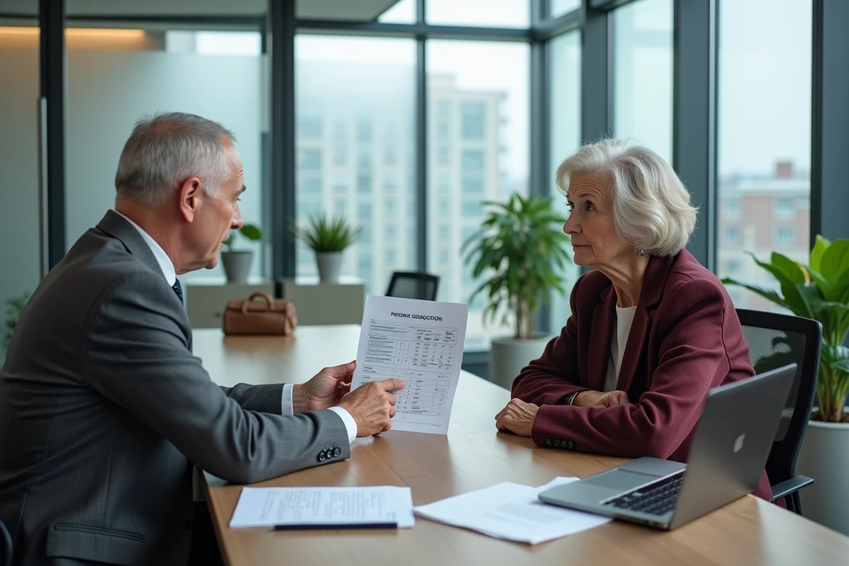 Femme retraitée consultant un conseiller financier dans un bureau professionnel pour optimiser son abattement fiscal