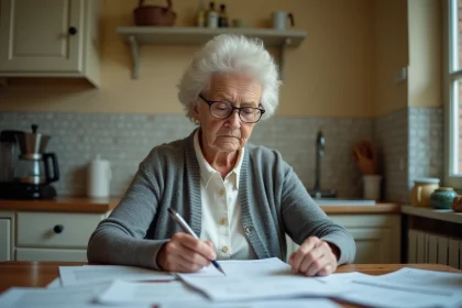 Femme retraitée inquiète examinant ses factures et documents de pension à sa table de cuisine