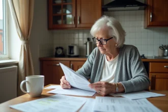 Retraitée inquiète comparant ses relevés de pension à la table de cuisine après une baisse inattendue de retraite en 2026