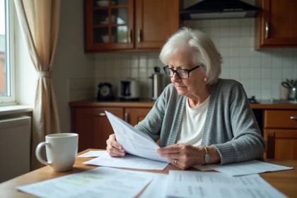 Retraitée inquiète comparant ses relevés de pension à la table de cuisine après une baisse inattendue de retraite en 2026