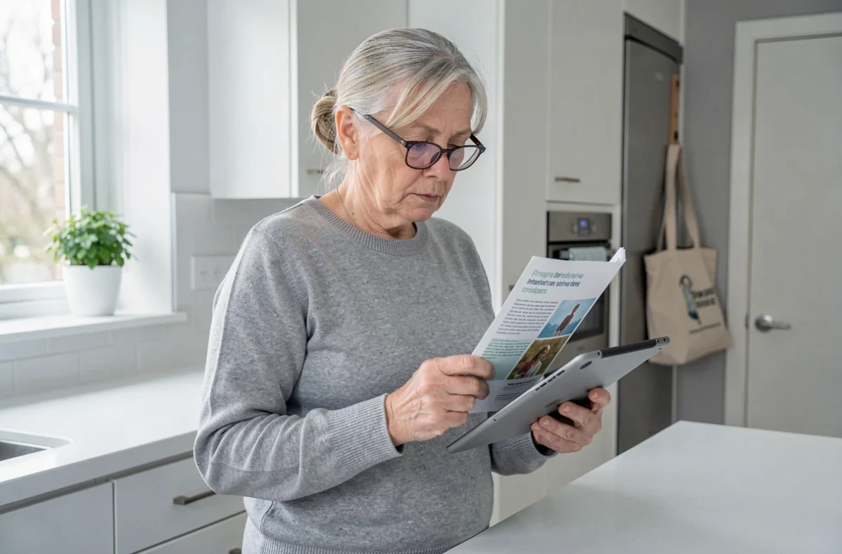 Retraitée SNCF consultant le guide de l'Agence Famille sur une tablette dans sa cuisine