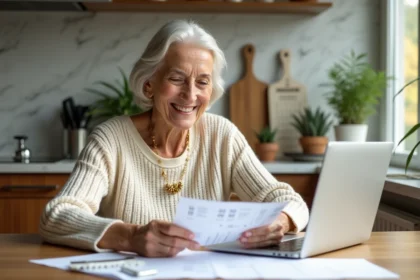 Femme retraitée souriante dans sa cuisine moderne