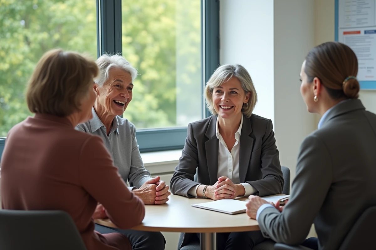 Discussion entre deux femmes un homme et une assistante sociale dans une salle moderne